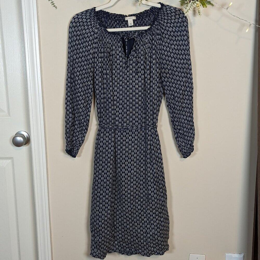 Caslon Blue Print Belted Elastic 3/4 Sleeve Dress
